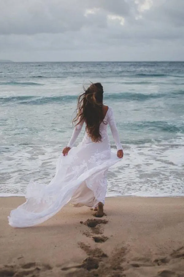 Rustic Ivory Mermaid Long Sleeves Backless Wedding Dresses, Bridal Dress, MW594