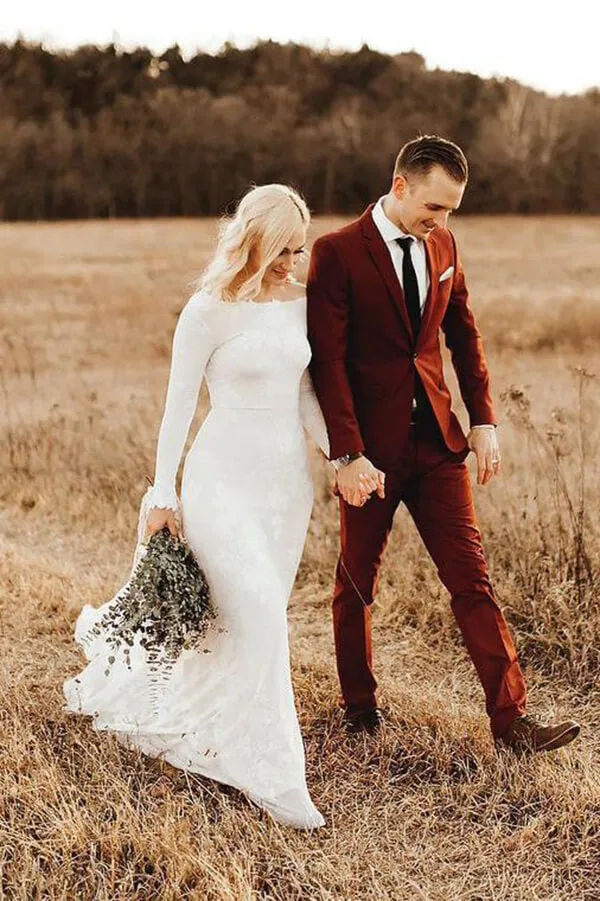 Rustic Ivory Mermaid Long Sleeves Backless Wedding Dresses, Bridal Dress, MW594