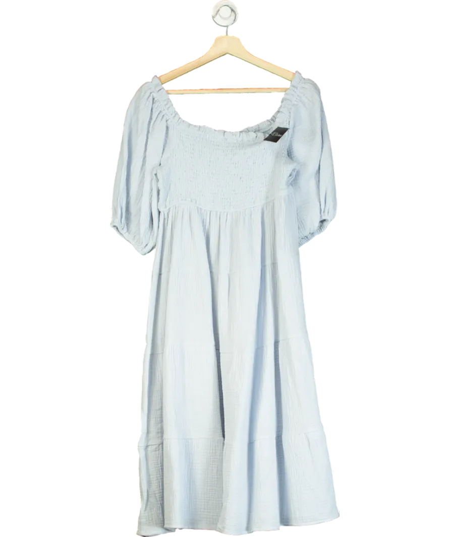 R.Vivimos Blue Summer Boho Long Sleeve Tie Waist Square Collar Ruffles Midi Dress UK XL