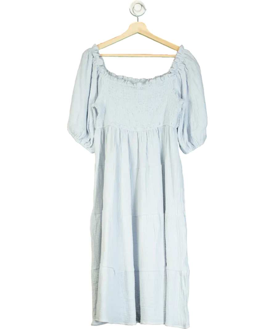 R.Vivimos Blue Summer Boho Long Sleeve Tie Waist Square Collar Ruffles Midi Dress UK XL