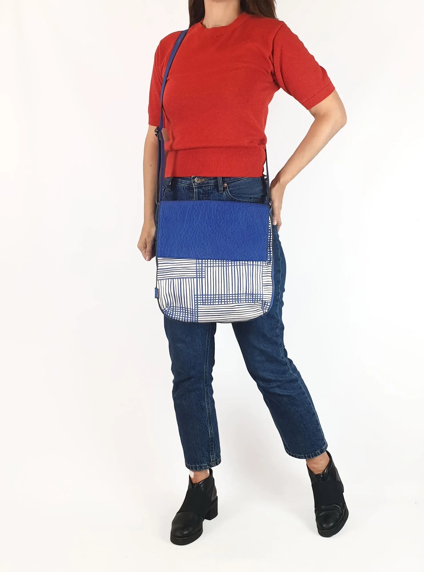Sashenka blue leather/canvas cross body bag