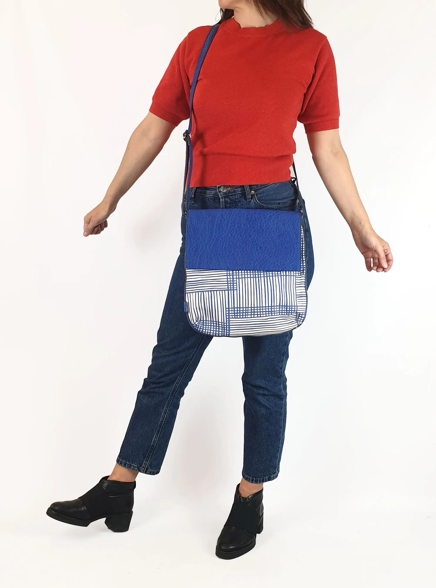 Sashenka blue leather/canvas cross body bag