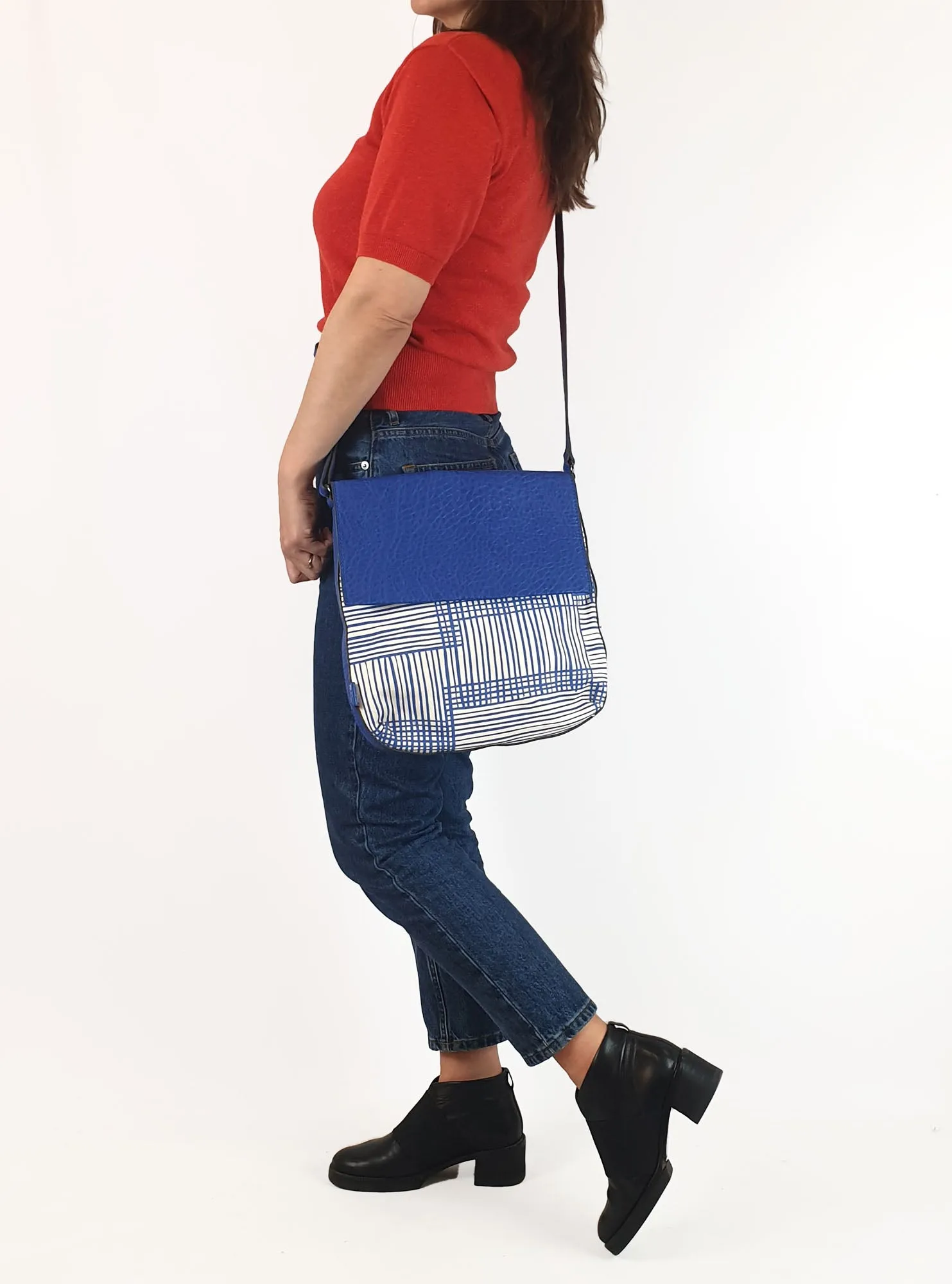 Sashenka blue leather/canvas cross body bag