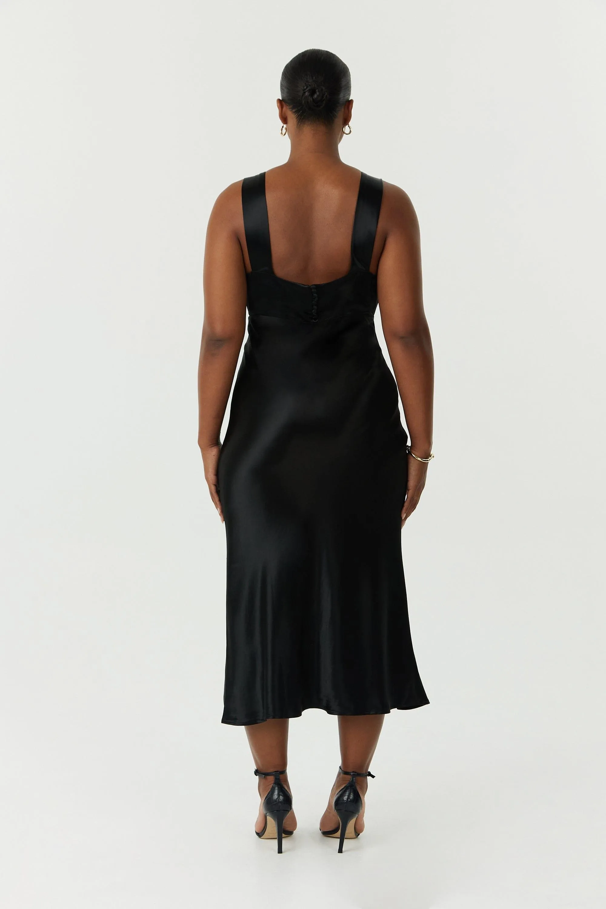 SATIN GATHER BRA BIAS SLIP | BLACK