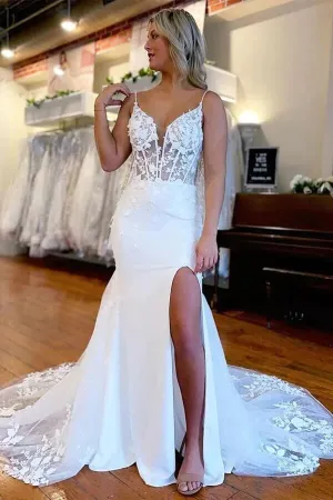 Satin Mermaid Lace Appliques Wedding Dresses With Slit, Bridal Gowns, MW862