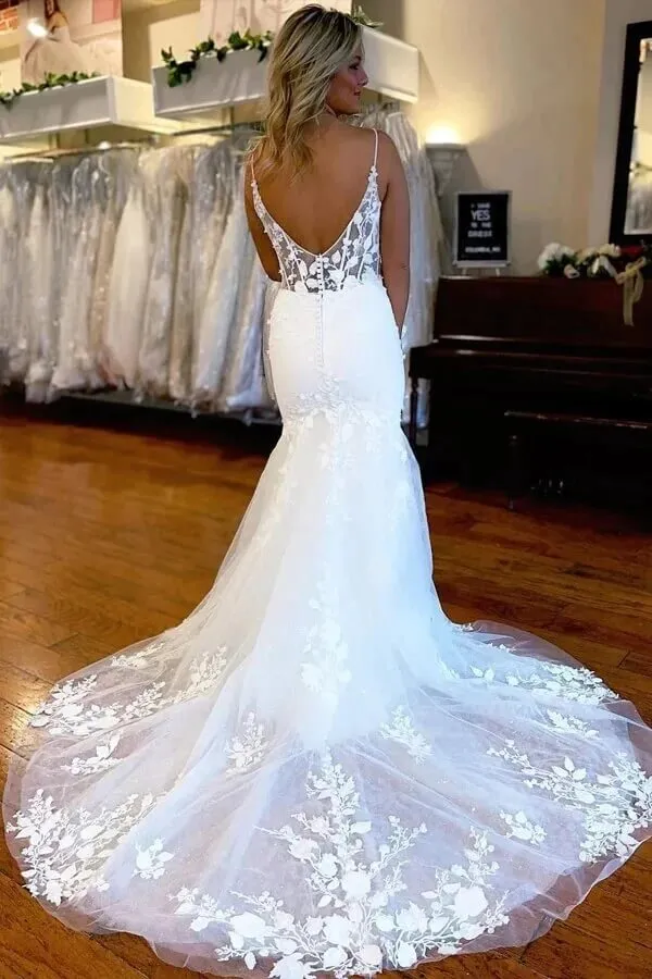 Satin Mermaid Lace Appliques Wedding Dresses With Slit, Bridal Gowns, MW862