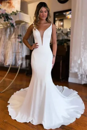 Satin Mermaid Plunge V-neck Backless Court Train Wedding Dresses, MW1017