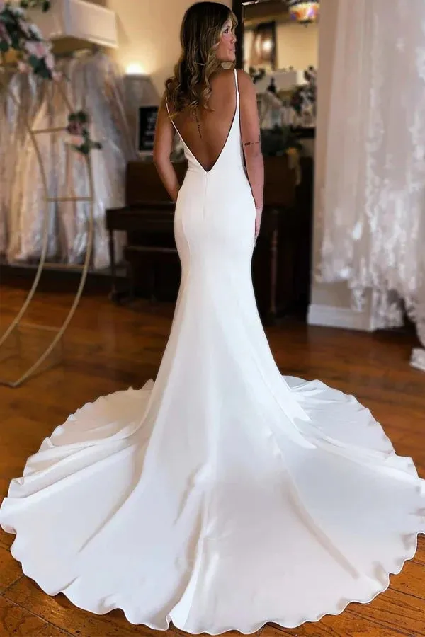 Satin Mermaid Plunge V-neck Backless Court Train Wedding Dresses, MW1017