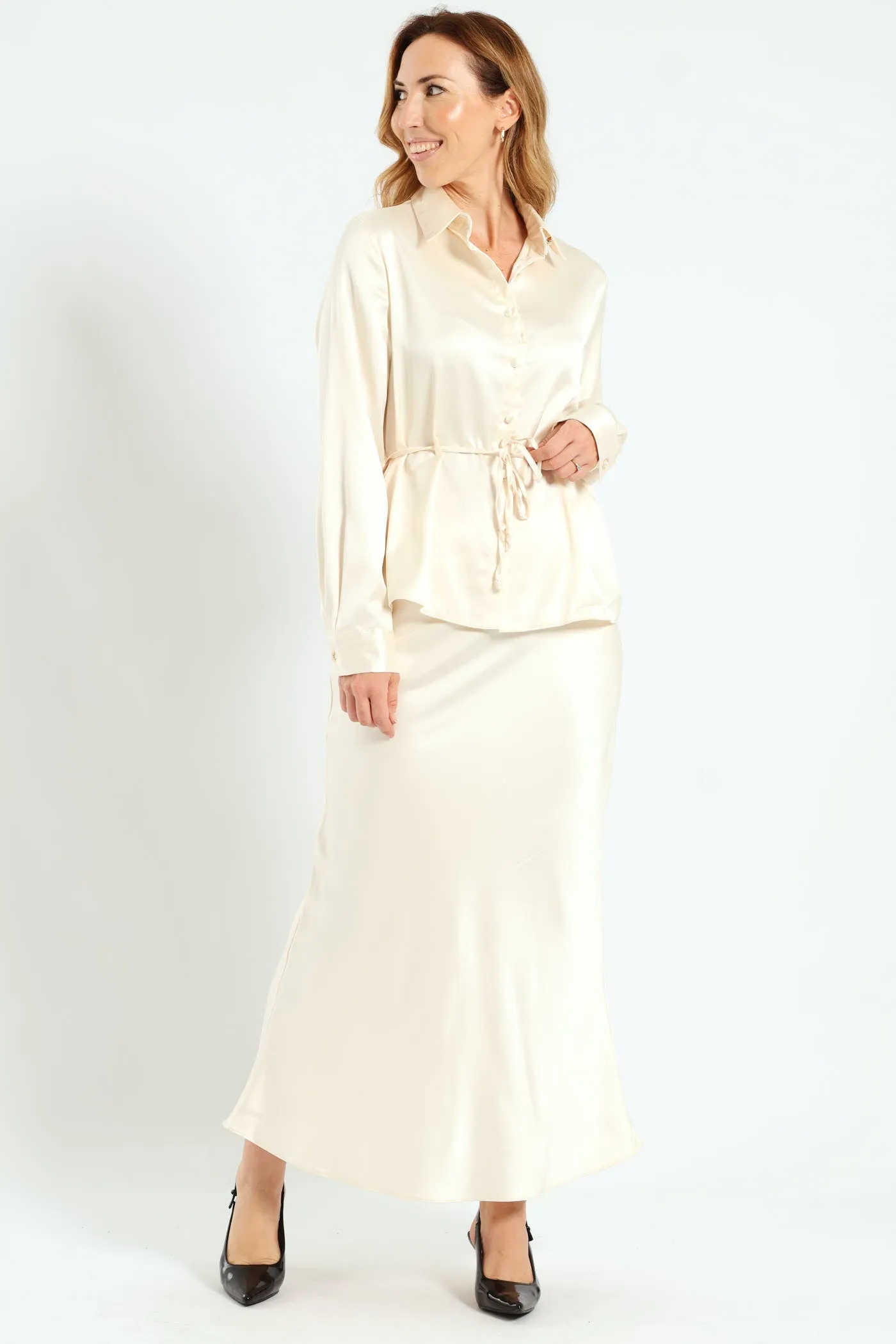 Satin Midi Slip Skirt - Cream