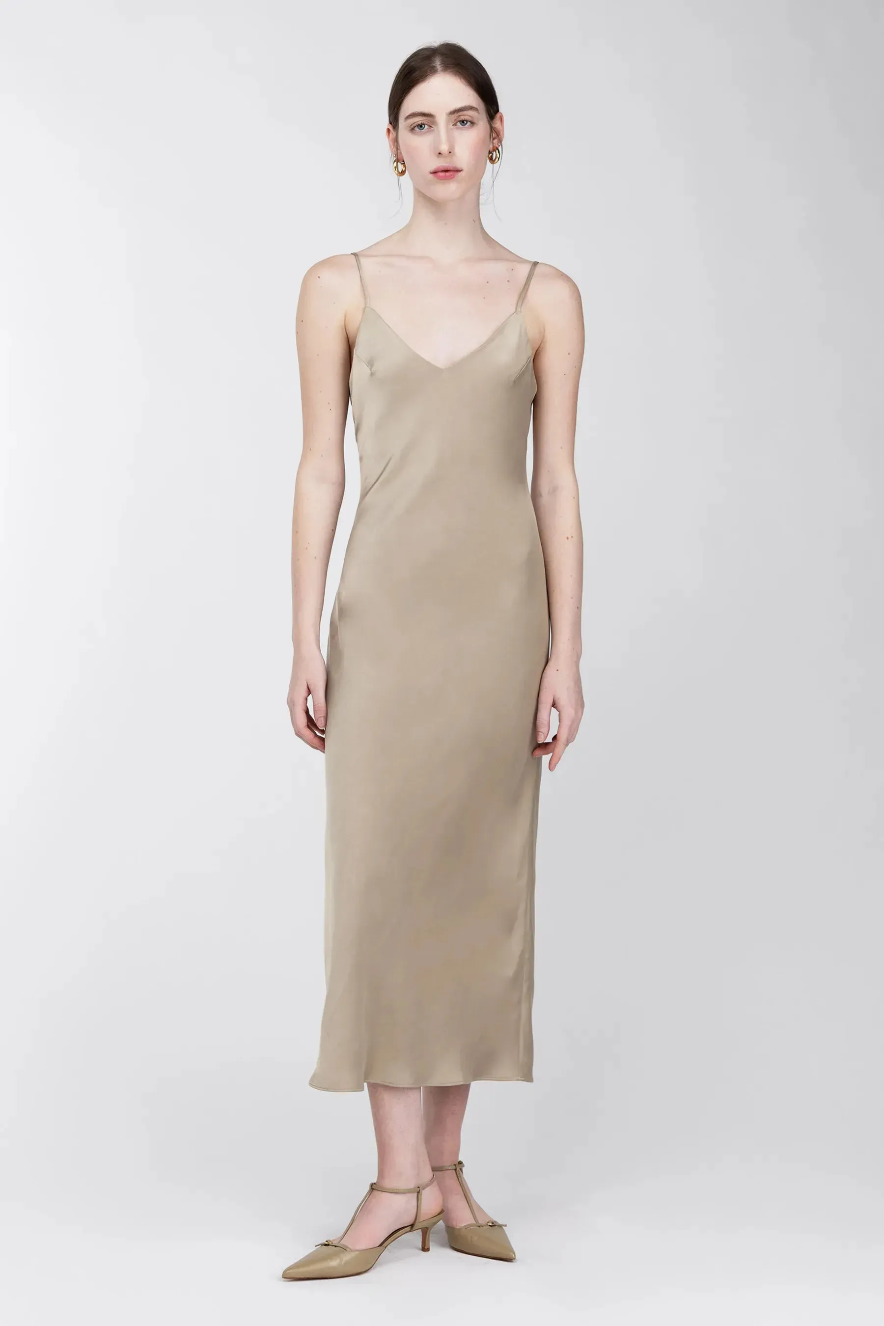 Satin V - Neck Slip Midi Dress