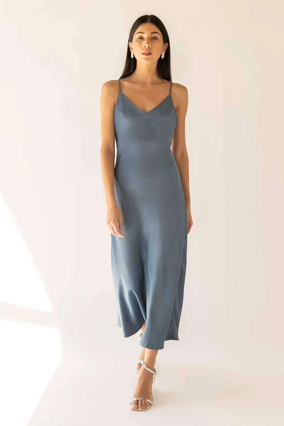 Satin V - Neck Slip Midi Dress