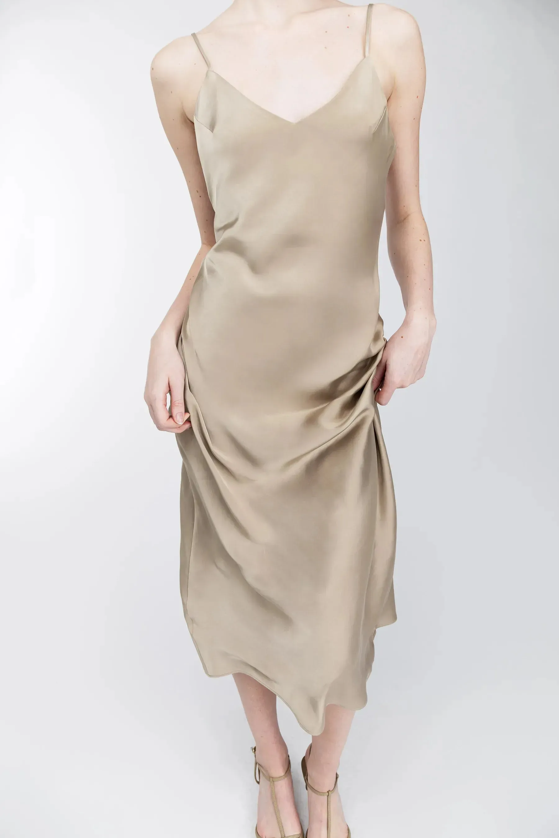 Satin V - Neck Slip Midi Dress