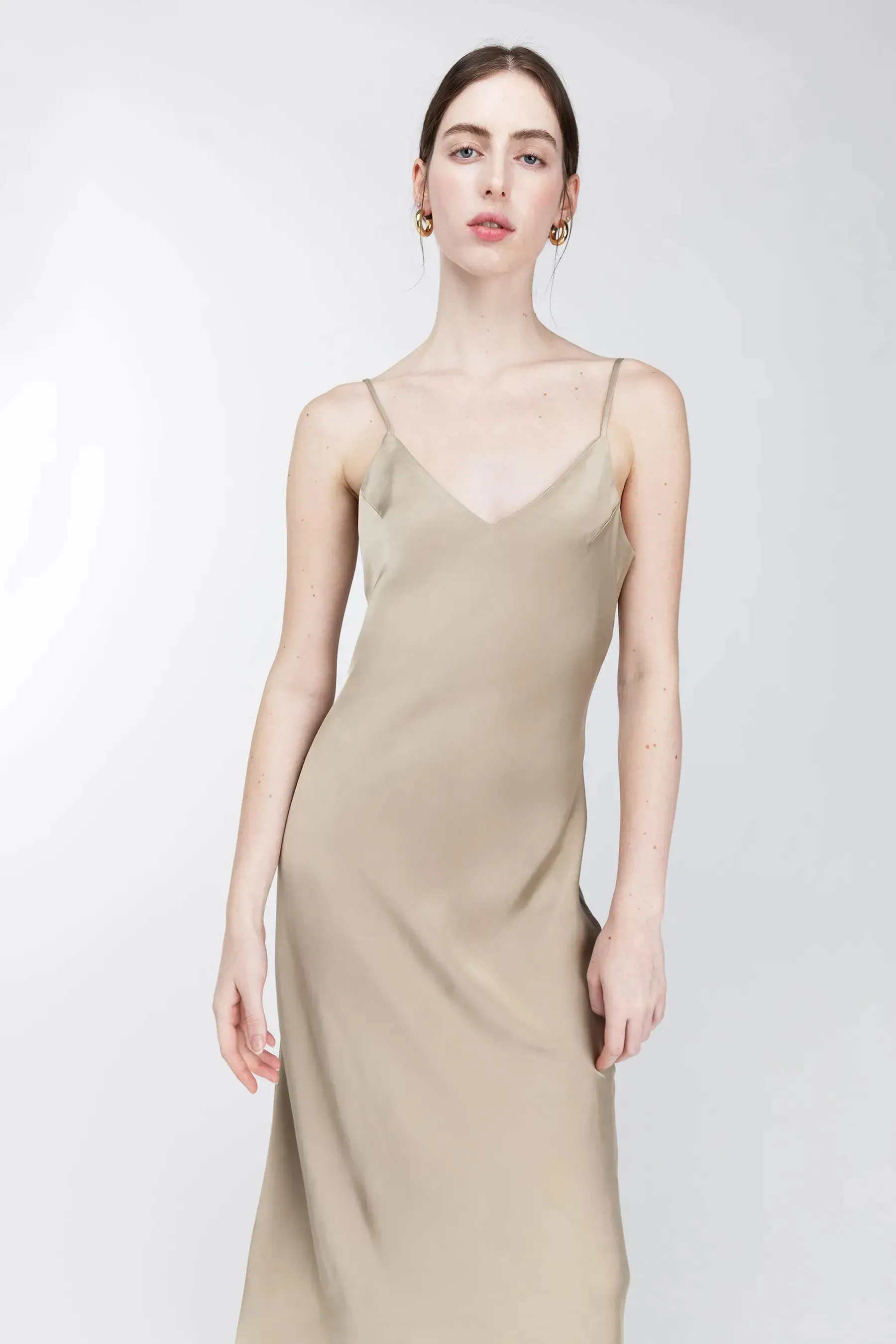 Satin V - Neck Slip Midi Dress