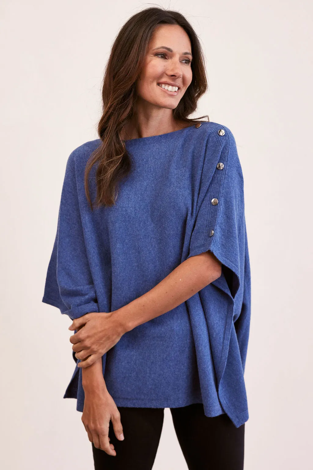 SEE SAW - Denim Wool Poncho with Buttons - SS203