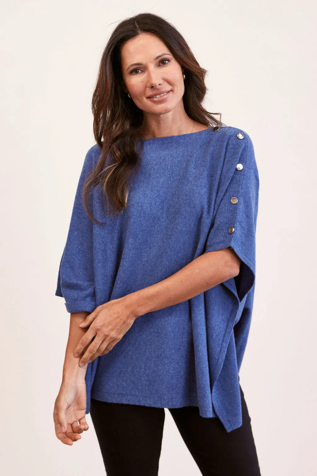 SEE SAW - Denim Wool Poncho with Buttons - SS203