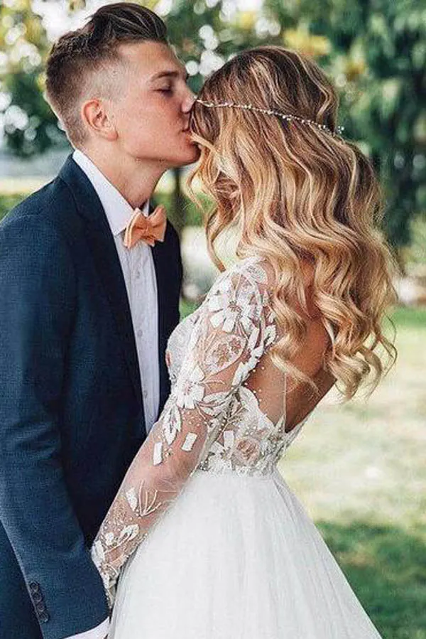 See Through Beaded Floral Lace Long Sleeve Boho Wedding Dresses,MW269