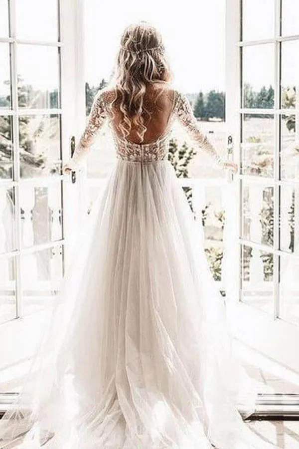 See Through Beaded Floral Lace Long Sleeve Boho Wedding Dresses,MW269