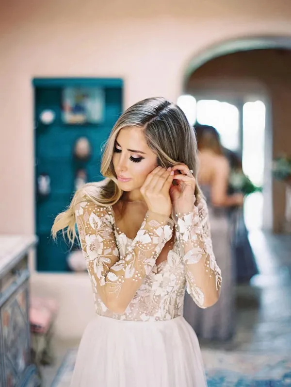 See Through Beaded Floral Lace Long Sleeve Boho Wedding Dresses,MW269