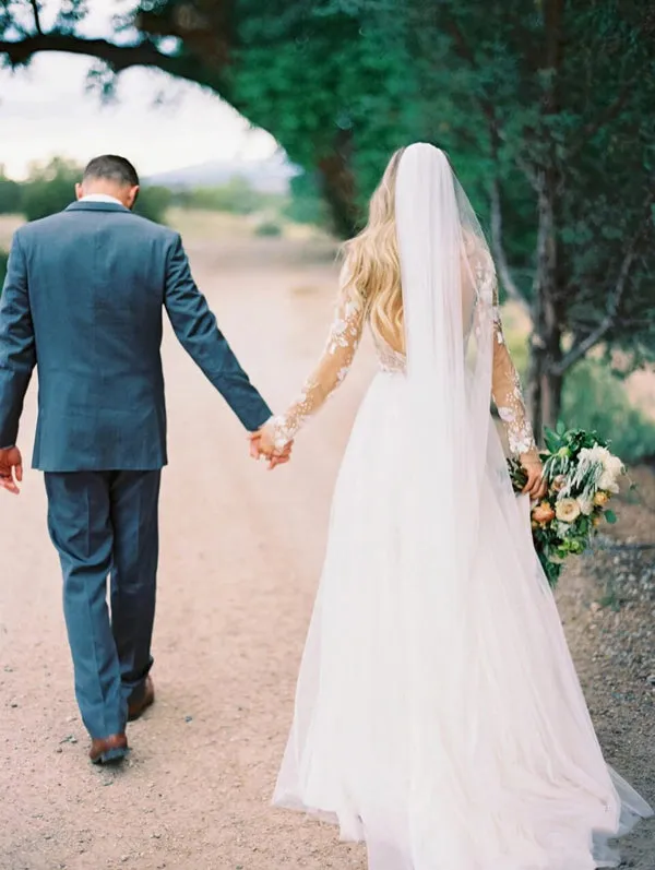 See Through Beaded Floral Lace Long Sleeve Boho Wedding Dresses,MW269