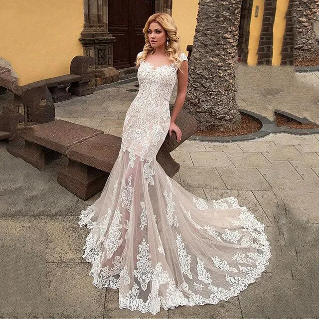 Sexy Boho Beach ivory Lace Mermaid Wedding Dress  Elegant Long Bridal Dress Trumpet Bride Gown Summer