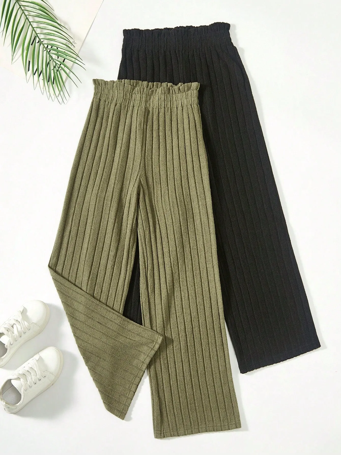 SHEIN Kids HYPEME Tween Girl 2pcs Paperbag Waist Rib-knit Wide Leg Pants