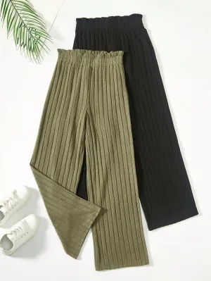 SHEIN Kids HYPEME Tween Girl 2pcs Paperbag Waist Rib-knit Wide Leg Pants