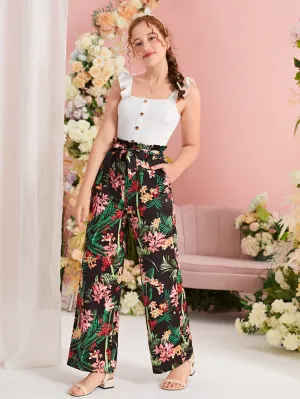 SHEIN Teen Girls Ruffle Trim Top & Tropical Print Paperbag Waist Belted Pants