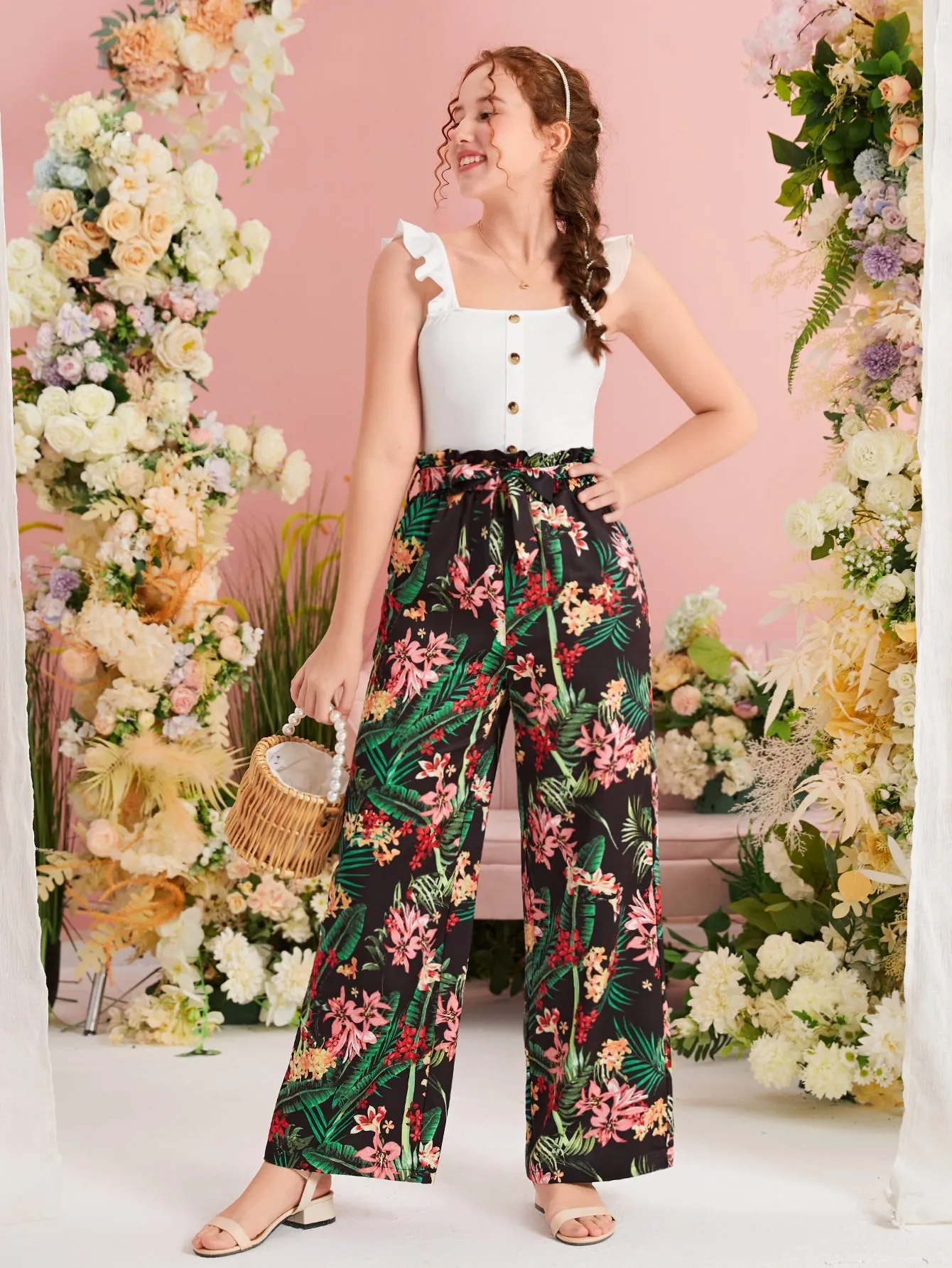 SHEIN Teen Girls Ruffle Trim Top & Tropical Print Paperbag Waist Belted Pants
