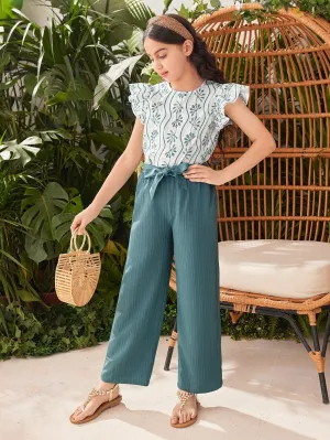 SHEIN Tween Girl Loose-Fit Knitted Floral Print Round Neck Top With Knitted Solid Loose-Fit Casual Vacation Long Pants Two Piece Set