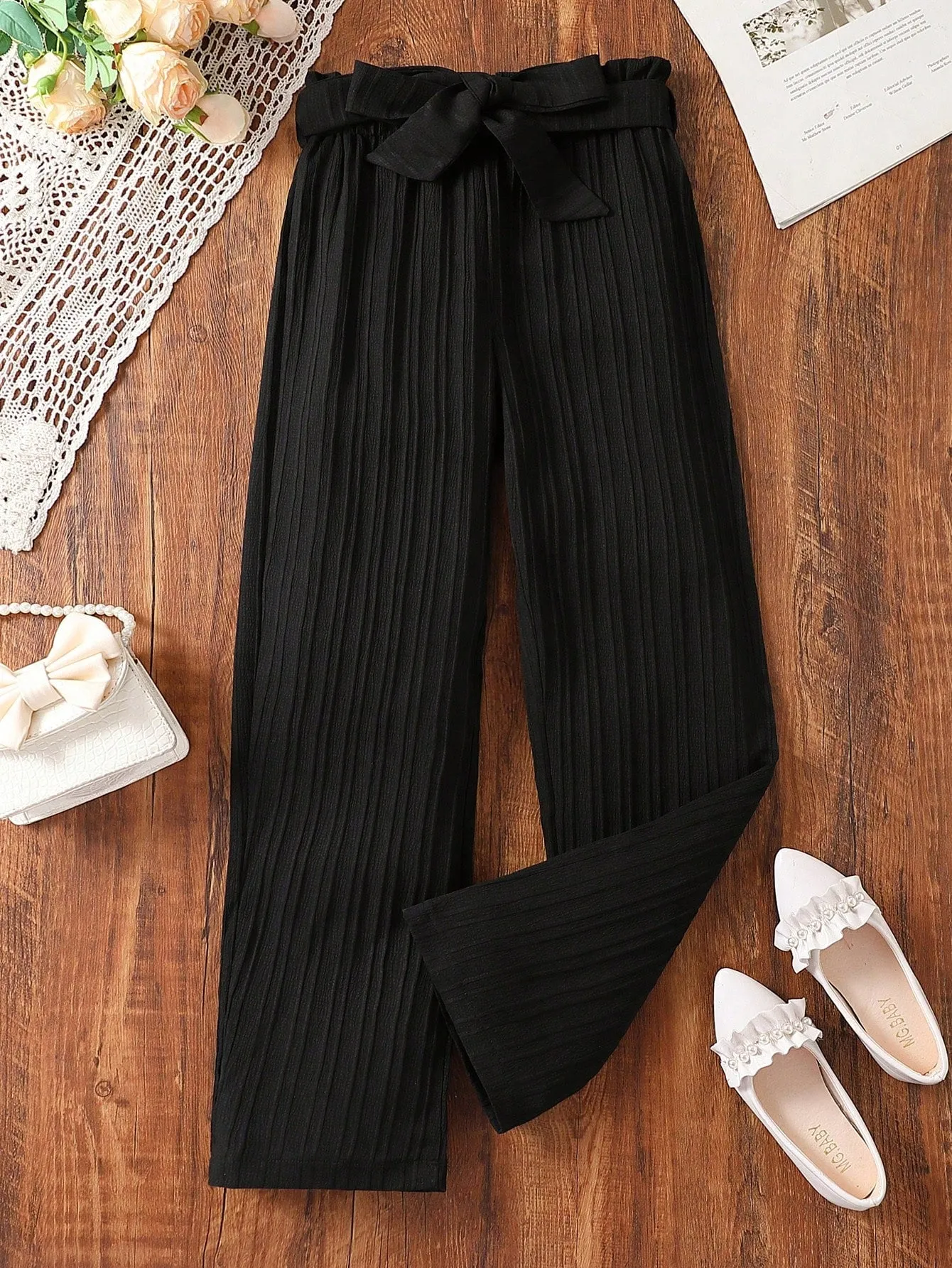 SHEIN Tween Girl Paperbag Waist Belted Pants FD
