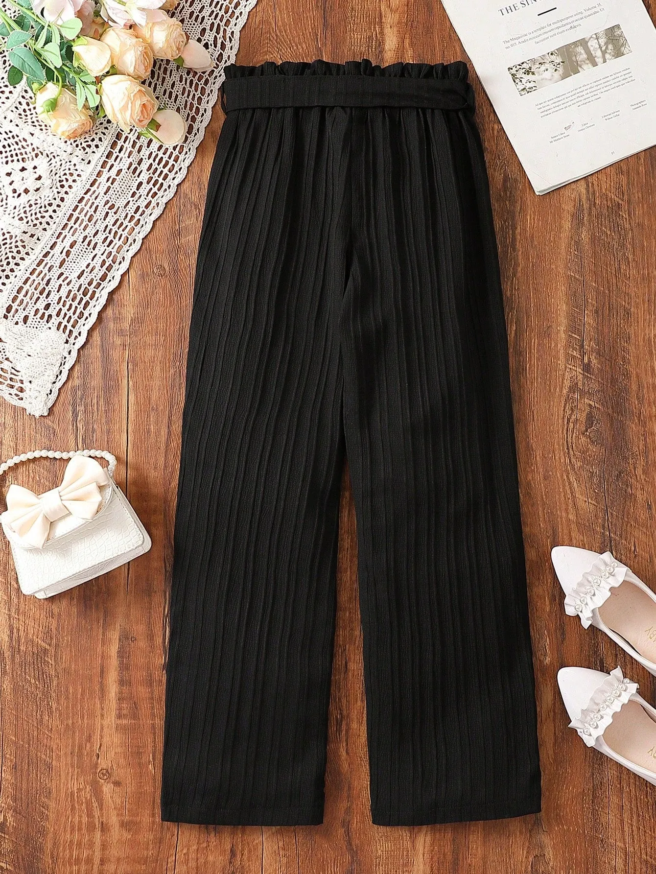 SHEIN Tween Girl Paperbag Waist Belted Pants