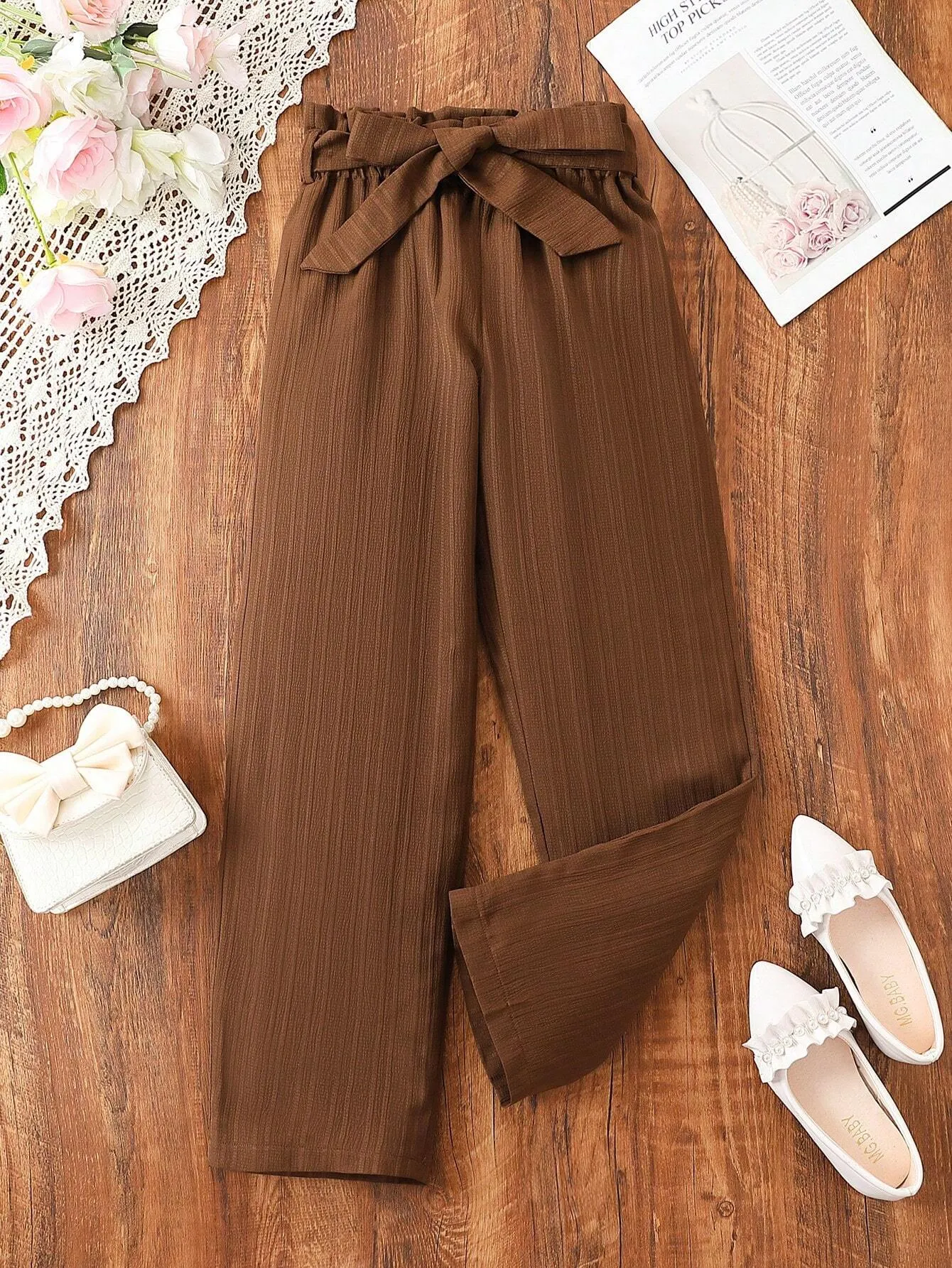 SHEIN Tween Girl Paperbag Waist Belted Pants