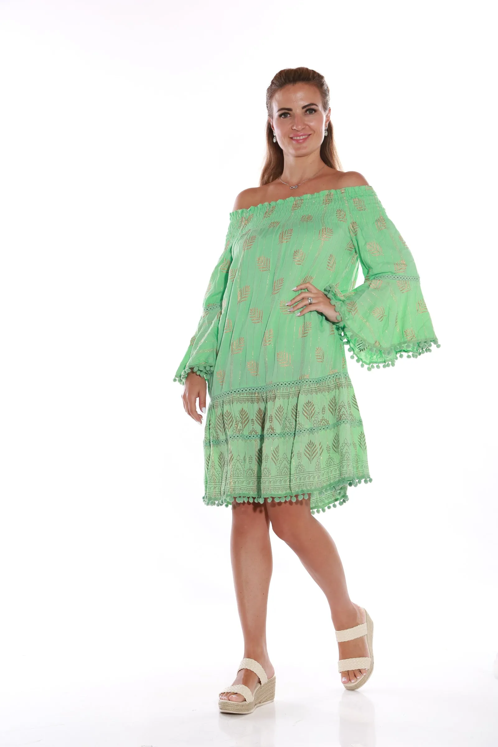 Short Off shoulder Dress with gold Lurex - Aquamarine