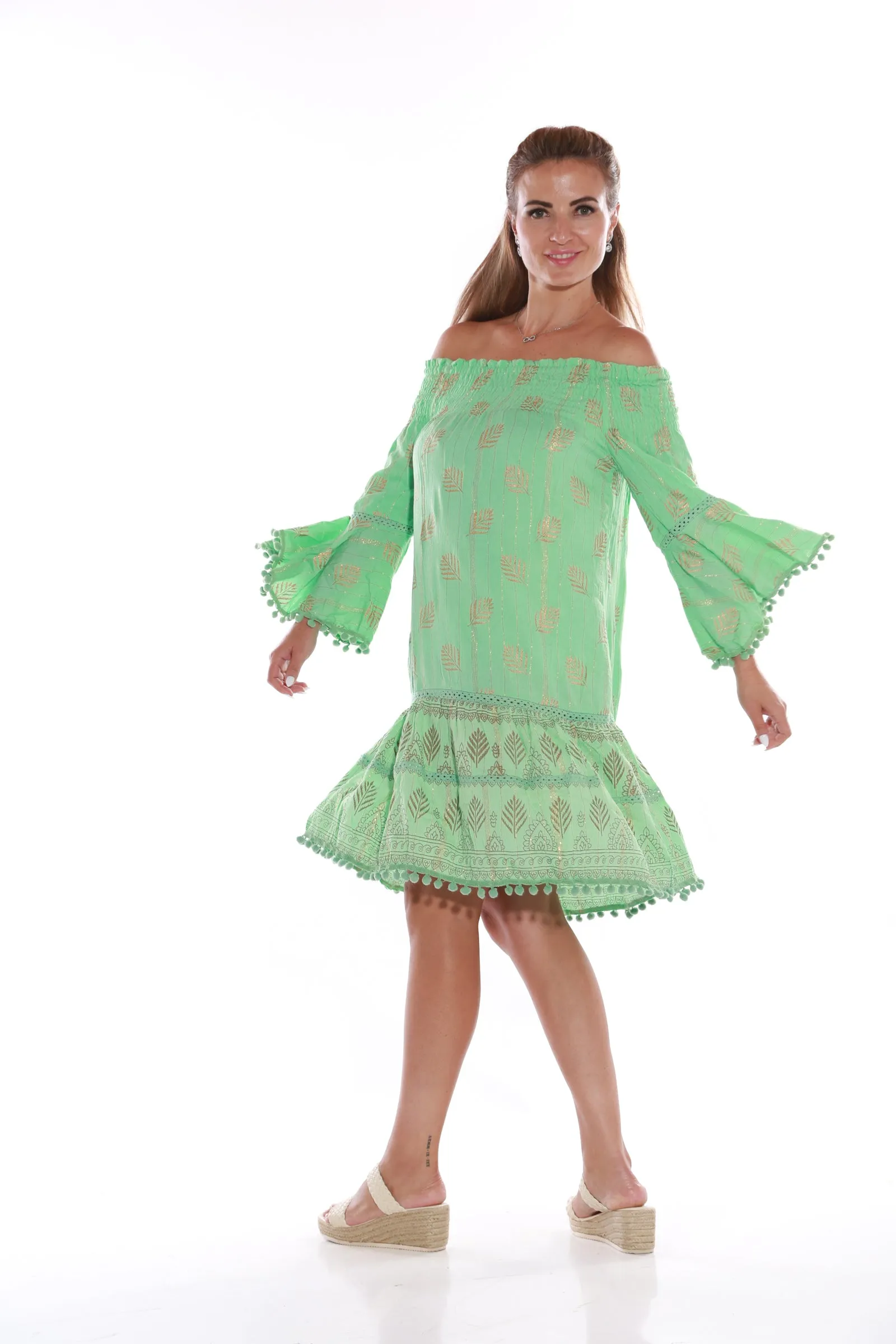 Short Off shoulder Dress with gold Lurex - Aquamarine