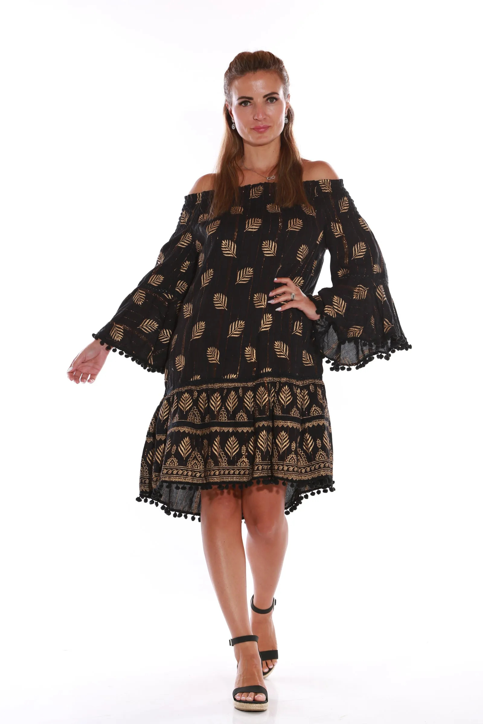 Short Off shoulder Dress with gold Lurex - Black