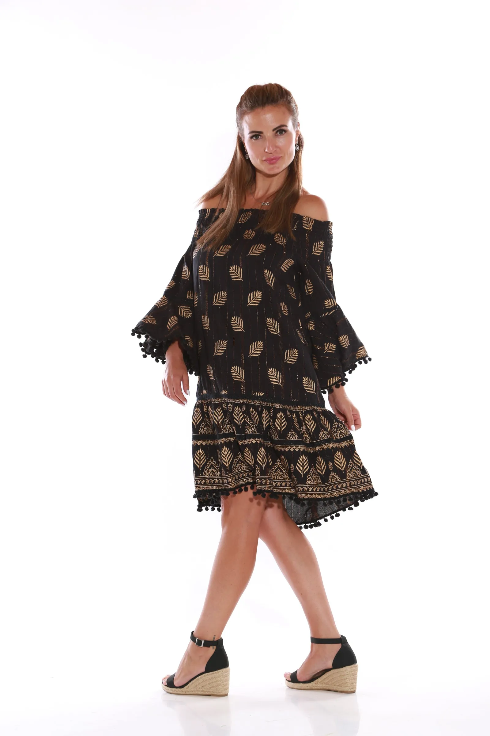 Short Off shoulder Dress with gold Lurex - Black