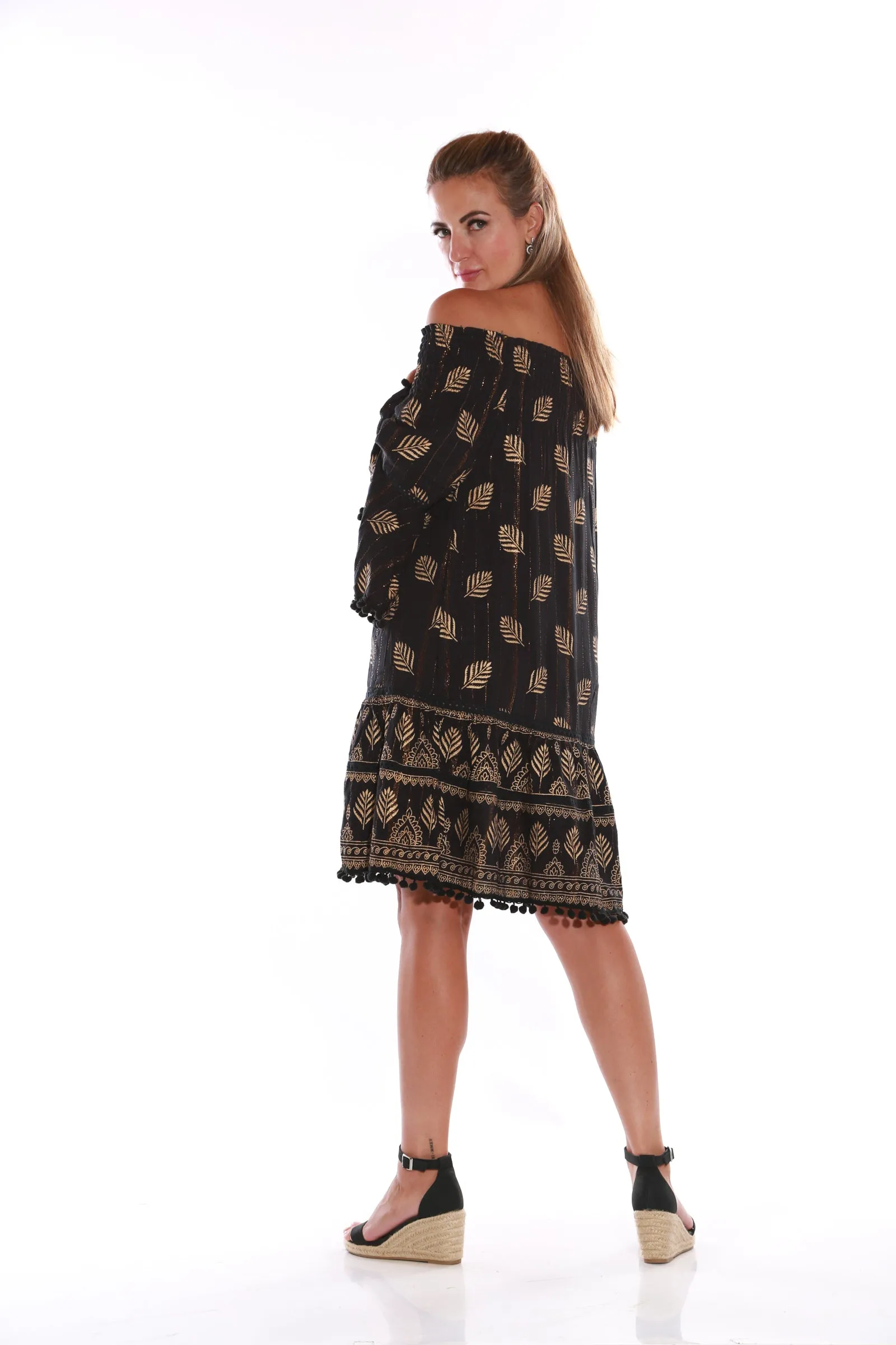 Short Off shoulder Dress with gold Lurex - Black