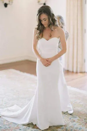Simple Ivory Mermaid Sweetheart Neck Wedding Dresses With Train, MW697