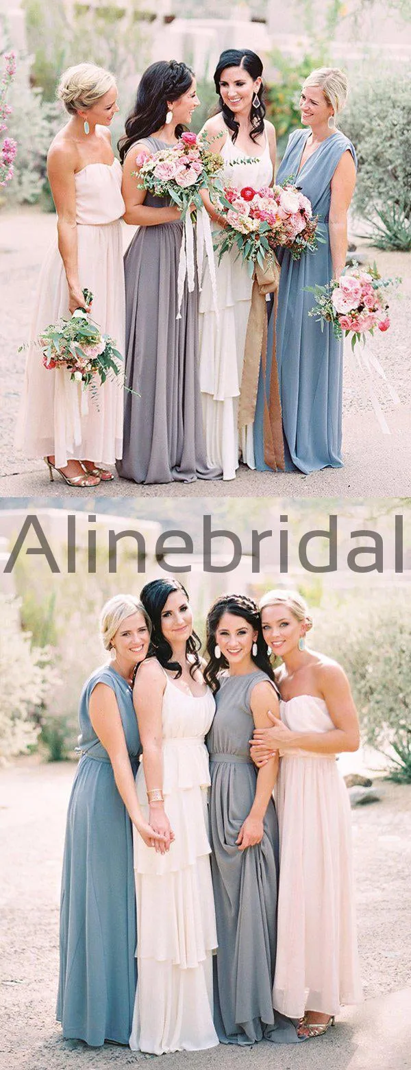 Sky Blue Chiffon V-neck Boho Long Birdesmaid Dresses, AB4135