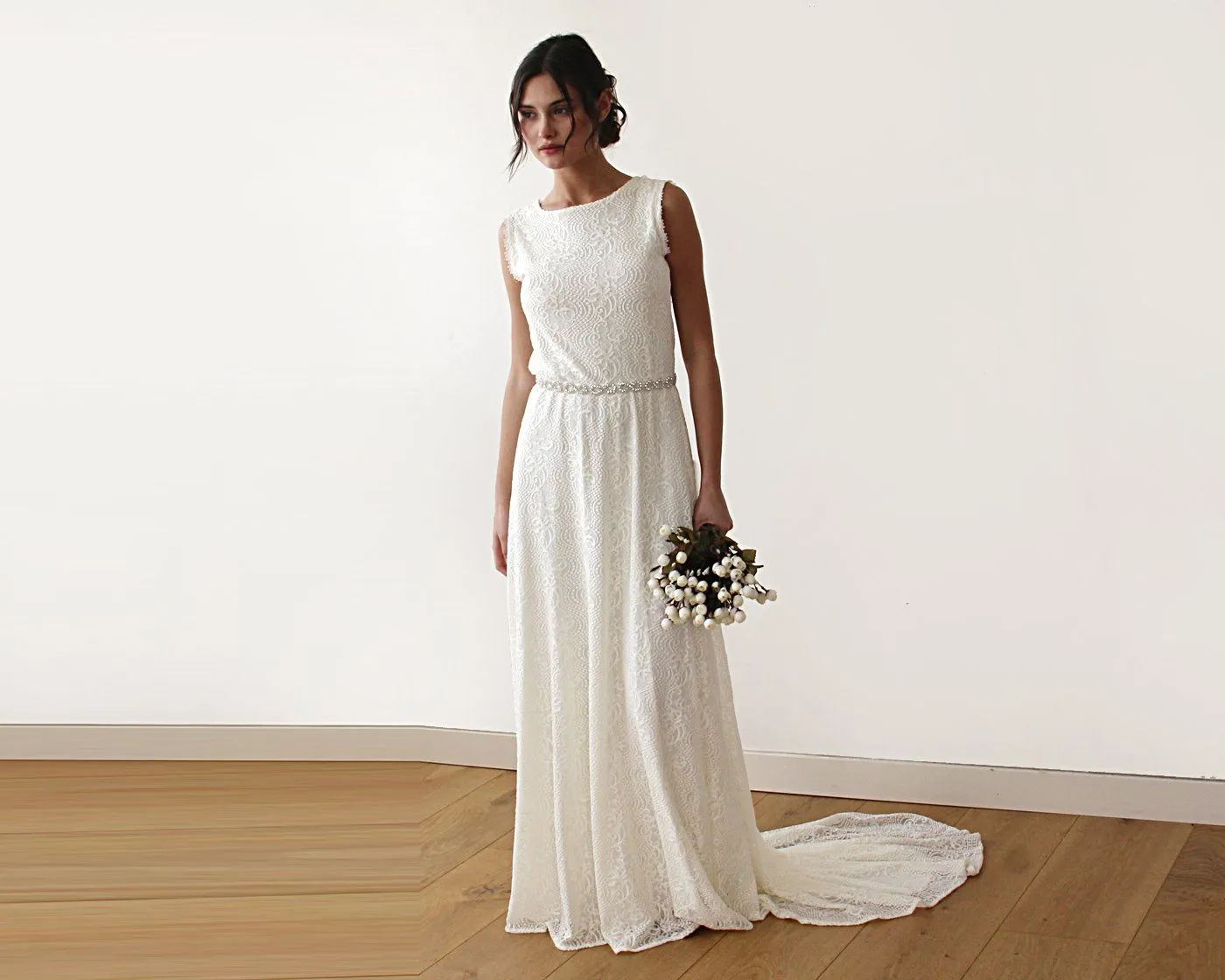 Sleeveless  backless lace dress   with train #1180