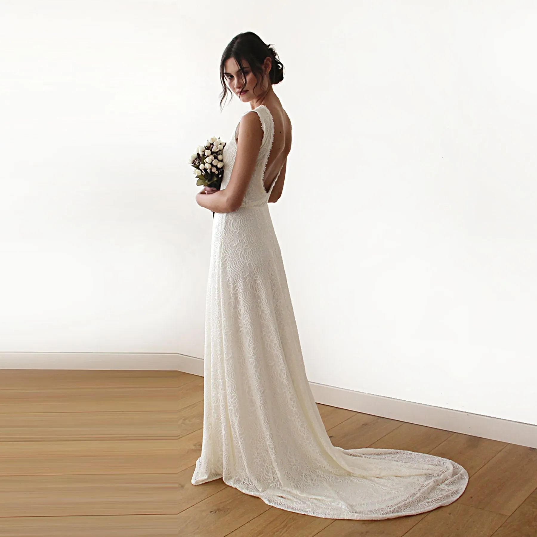 Sleeveless  backless lace dress   with train #1180