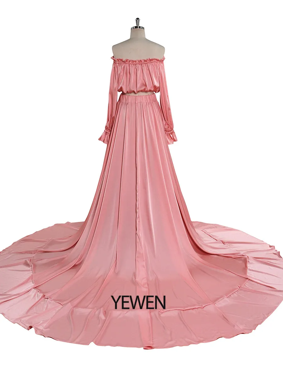 Soft Satin Off Shoulder Maternity / Non Maternity Dresses for Photo Shoots Side Slit Photography Dresses Fancy Photography Props YEWEN YD21801-1