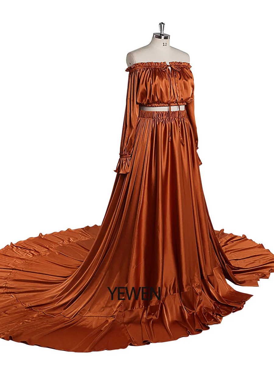 Soft Satin Off Shoulder Maternity / Non Maternity Dresses for Photo Shoots Side Slit Photography Dresses Fancy Photography Props YEWEN YD21801-1