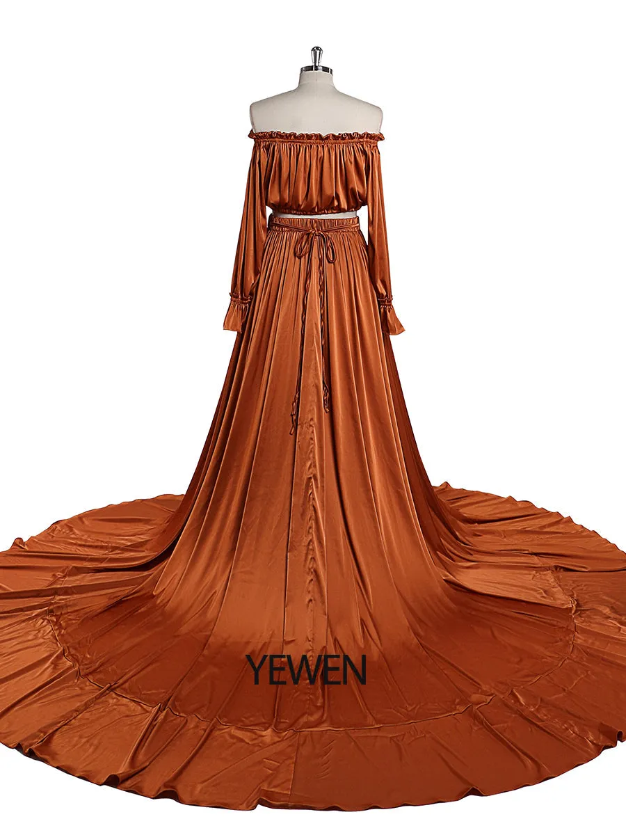Soft Satin Off Shoulder Maternity / Non Maternity Dresses for Photo Shoots Side Slit Photography Dresses Fancy Photography Props YEWEN YD21801-1