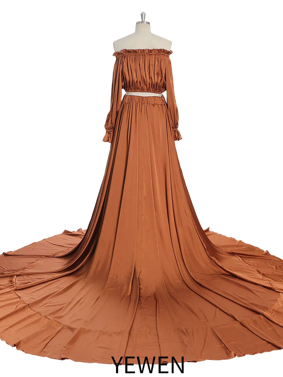 Soft Satin Off Shoulder Maternity / Non Maternity Dresses for Photo Shoots Side Slit Photography Dresses Fancy Photography Props YEWEN YD21801-1
