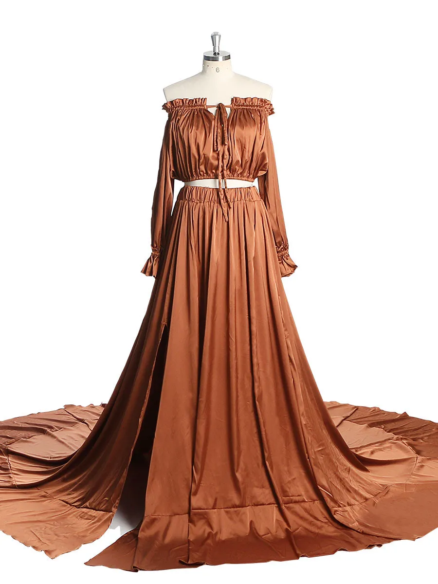 Soft Satin Off Shoulder Maternity / Non Maternity Dresses for Photo Shoots Side Slit Photography Dresses Fancy Photography Props YEWEN YD21801-1