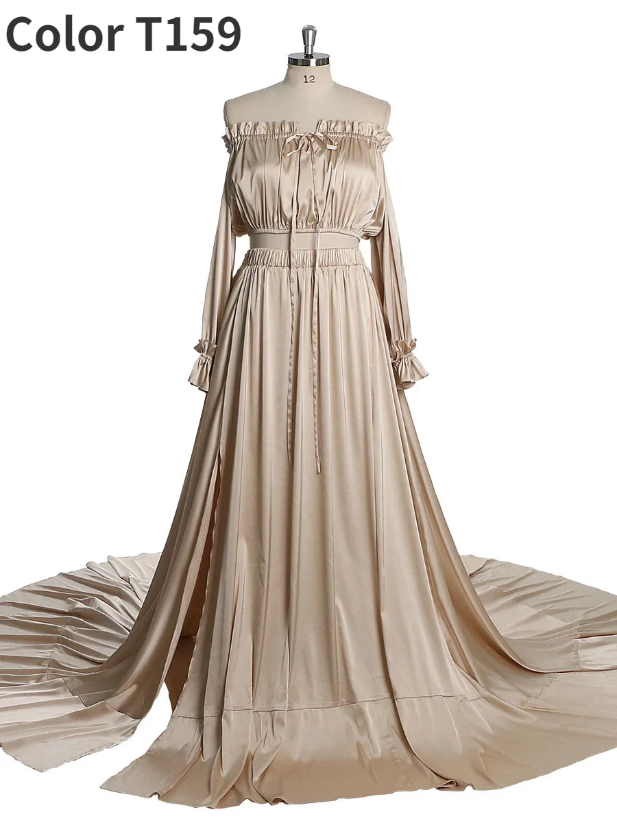 Soft Satin Off Shoulder Maternity / Non Maternity Dresses for Photo Shoots Side Slit Photography Dresses Fancy Photography Props YEWEN YD21801-1