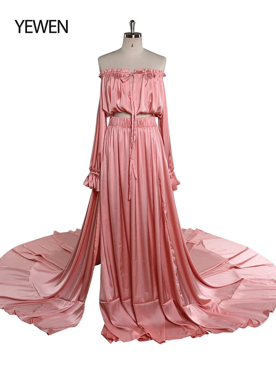 Soft Satin Off Shoulder Maternity / Non Maternity Dresses for Photo Shoots Side Slit Photography Dresses Fancy Photography Props YEWEN YD21801-1