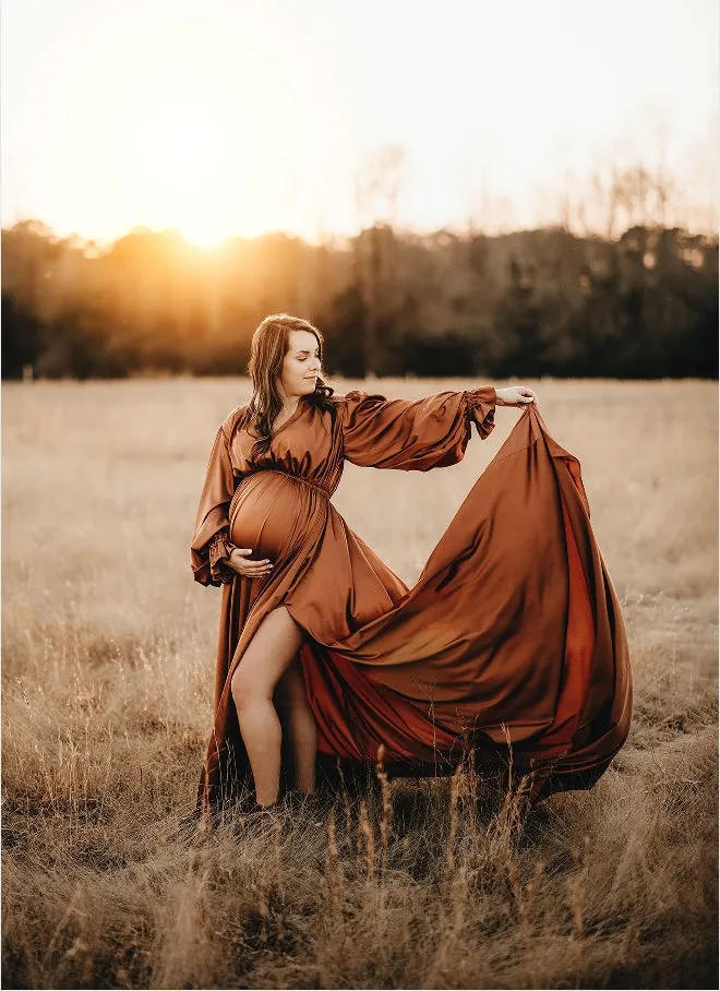 Soft Satin Photo Shoots Dress Side Slit Photography Dresses /Maternity Gown for Baby Shower YEWEN  YW231010