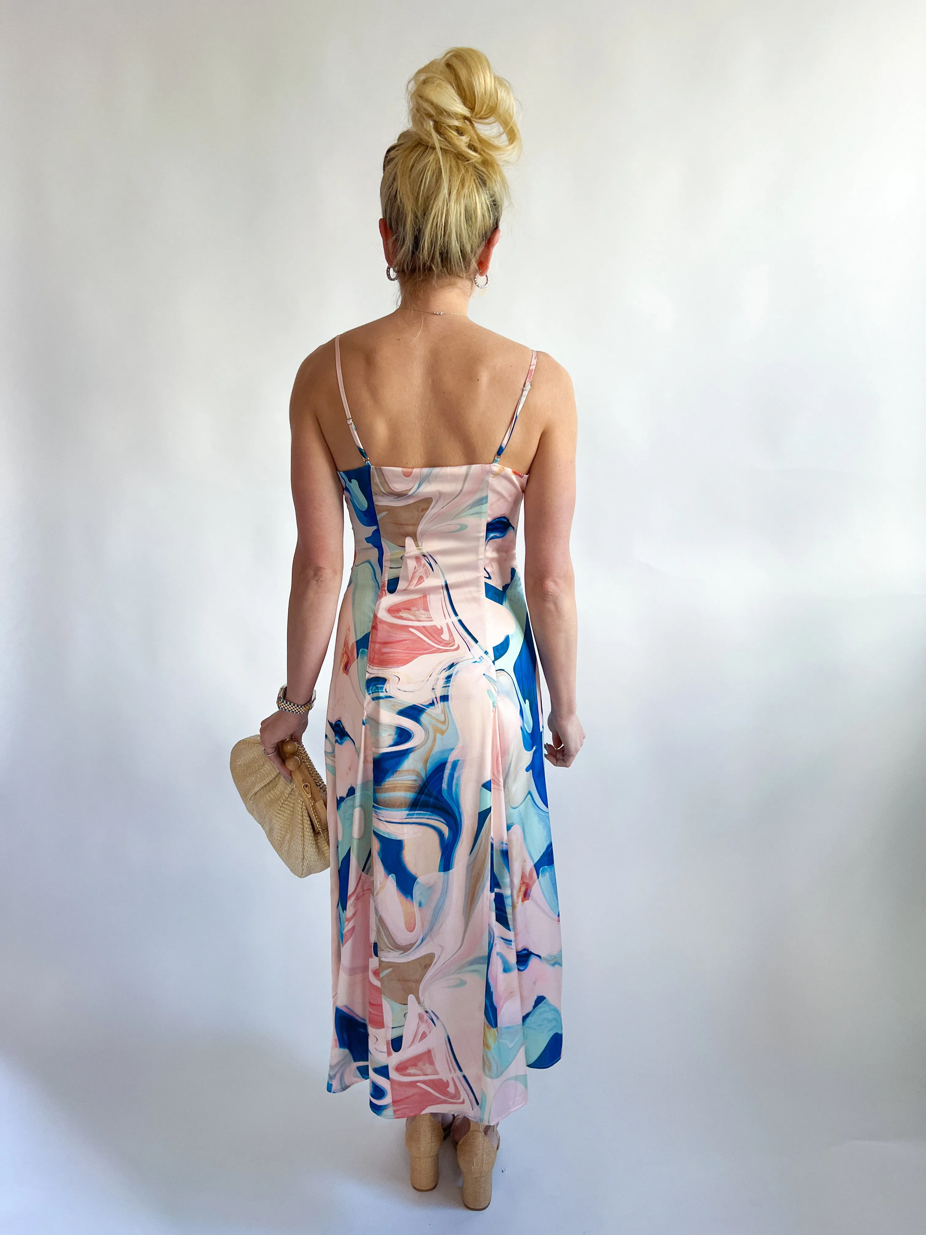Soph Watercolor Print Satin Flowy Slip Dress